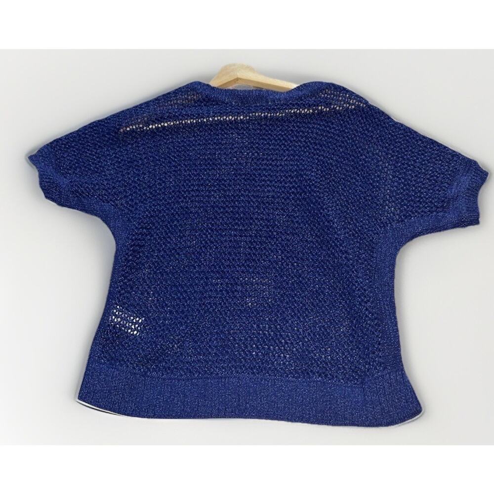 Chico's Textured Skirt Topper Sweater Women's 2 Blue Open Knit Short Sleeve NWT